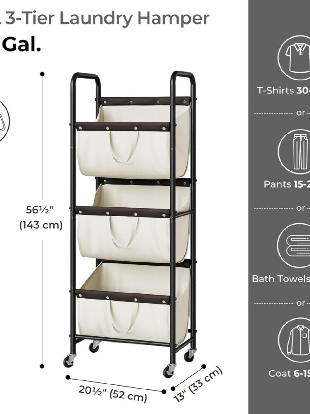 3 Tier Laundry Sorter, Laundry Basket with Wheels, Laundry Room Organization and - Picture 3 of 8